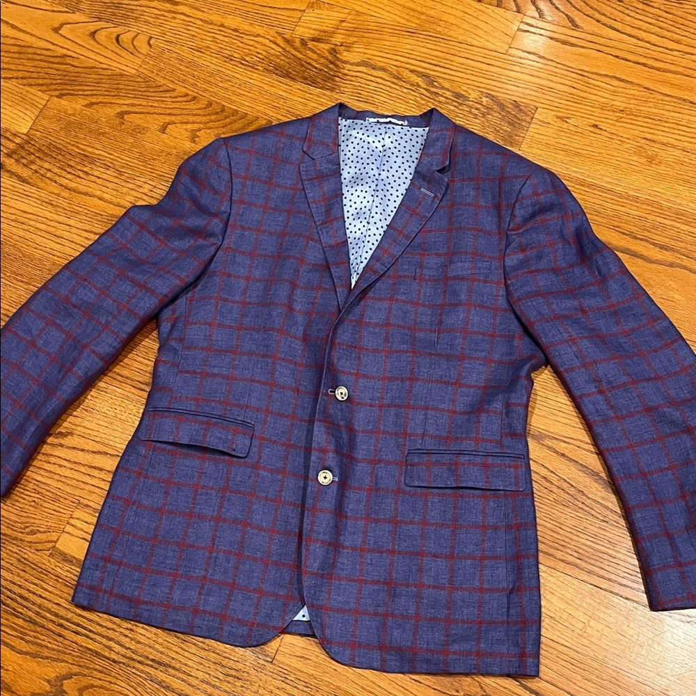 Sand Copenhagen men’s blazer size 58 in blue with crimson red checked pattern.